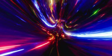 Yansıtıcı dinamik parlayan tünelin koyu arkaplanlı parlak, çok renkli, neon ışıkların 3 boyutlu çizimi