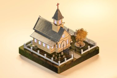 Kilise binasının dış görünüşünün 3D izometrik görüntüsü, çatıda kule haçı, çitlerle çevrili camlar ve bej yüzeyde gölgesi olan sonbahar ağacı.