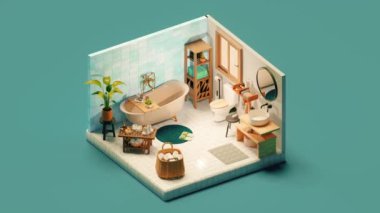 3D animasyon döngüsü, karikatür tarzında banyo izometrik bir döngü. Pencere küveti, banyo lavabosu, ayna kapağı, sifon ve fayanslarla döşenmiş halı, terlikler.