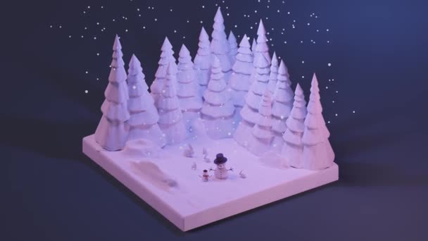 Verschneiter Wald Winter Mit Schneemännern Und Kaninchen Während Isometrischer Sicht — Stockvideo