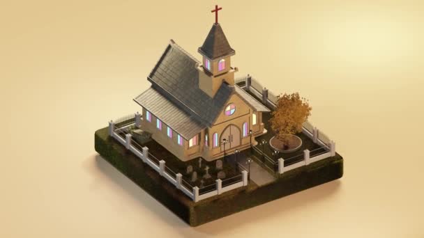 Pętla Animacji Izometrycznym Widokiem Zewnątrz Budynku Kościoła Krzyżykiem Wieży Dachu — Wideo stockowe