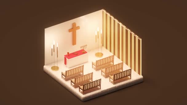 Loop Animazione Vista Isometrica Interni Della Sala Preghiera Chiesa Stile — Video Stock
