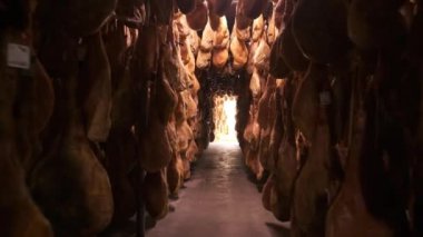 Jamon Serrano domuz bacağı fabrikası İberya jambonu endüstrisinde sallanıyor. İberya jambon özenle hazırlama süreci