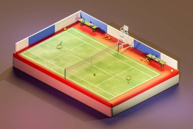 Modern tenis kortunun 3 boyutlu izometrik çizimi. Maç sırasında yeşil çim topları raketler ve hakem sandalyesinin yanındaki ağ.