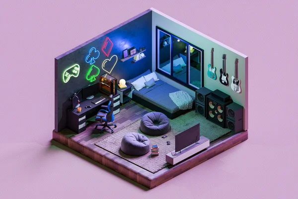 Bedroom of creative office by night or gamer room with neon light. 3D isometric render