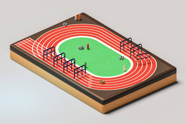 3D isometric illustration of modern stadium with shoes and bottles of water placed on lawn near hurdles for track and field sports