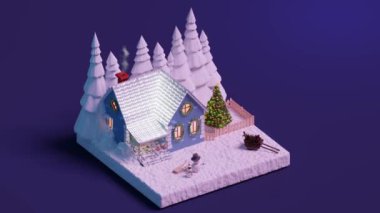 Kışın karlı ormanın ortasında, izometrik manzaralı bir ev. Noel konseptli 3D animasyon döngüsü