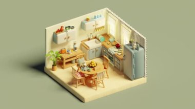Mutfağın üç boyutlu animasyon döngüsü yemek alanı ile çizgi film tarzında ve modern aletlerle donatılmış yemek masası sandalyeleri, buzdolabı ve gri yüzeyi perdeli pencereler.