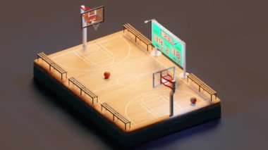 Modern basketbol sahasının 3D izometrik animasyonu. Skorbord topları ve kahverengi arka planda taraftarlar için banklar.