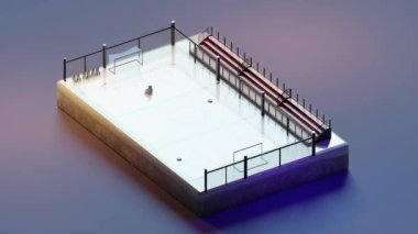 Tribünlerin önündeki çitlerin yanındaki buz patenleri ve disklerle modern hokey sahasının 3 boyutlu izometrik çizimi.
