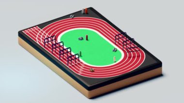 Modern stadyumun 3 boyutlu izometrik döngüsü. Ayakkabılar ve su şişeleri, atletizm sporları için engellerin yakınına yerleştirilmiş.