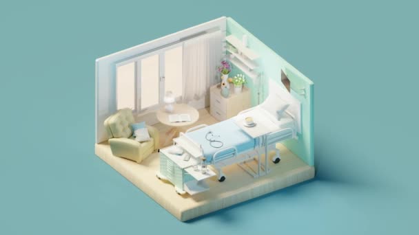Hastalar Için Hastane Odasının Modern Tasarımının Boyutlu Izometrik Animasyonu Koltuğuna — Stok video
