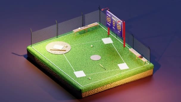 Animație Izometrică Câmpului Modern Baseball Lilieci Bile Plasate Gazon Verde — Videoclip de stoc