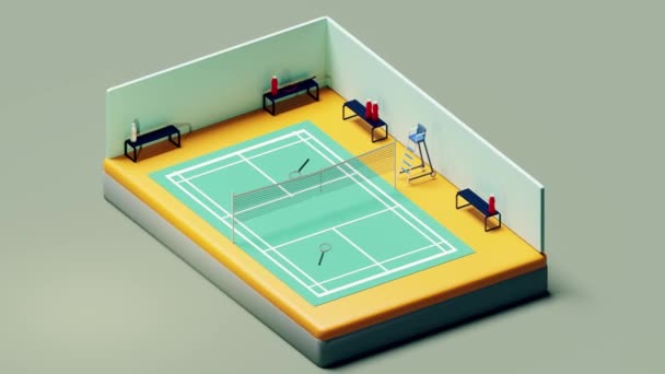 Isometrische Lus Van Moderne Indoor Tennisbaan Met Umpire Stoel Flessen — Stockvideo