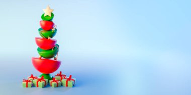 Mavi arka planda minimal noel ağacı ve tasarımın için fotokopi alanı. 3d hazırlayıcı