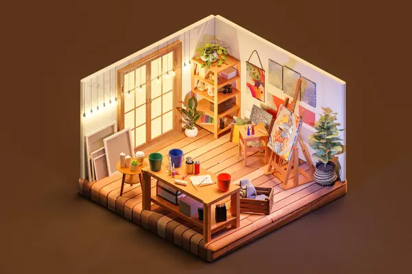 3D isometric render of art workshop with paintings on wall and canvas placed on wooden easel near potted plants and workbench in creative studio illuminated by fairy lights