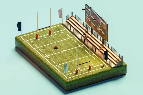 3D isometric illustration of American football field with green lawn and ball near tribune under big billboard with score
