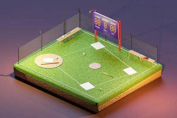 3D isometric illustration of modern baseball field with bats and balls placed on green lawn near net fence and benches