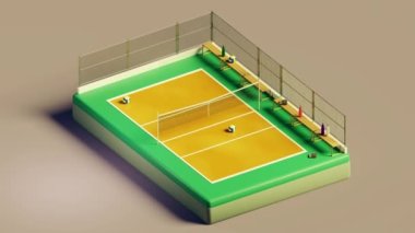 Çağdaş voleybol sahasının bej arka plan ile yarışma sırasında net çitli ve koltuklu 3D izometrik döngüsü