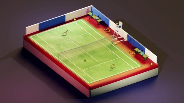 Isometrische Illustratie Van Moderne Tennisbaan Met Groene Grasballen Rackets Net — Stockvideo