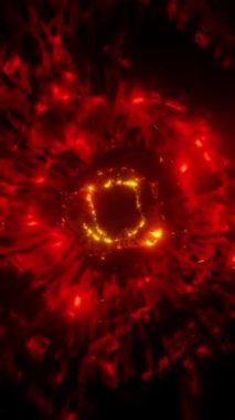 Parlak kırmızı ve turuncu neon ışıkların 4K UHD soyut arka planının 3 boyutlu animasyonu ve koyu arkaplan üzerinde patlayıcı süpernova