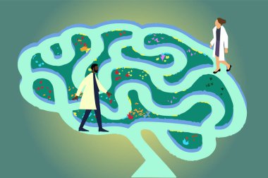 Erkek ve kadın çok ırklı psikologların, yeşil arka planda sorun ararken, labirentte dolaştıklarını gösteren bir resim.