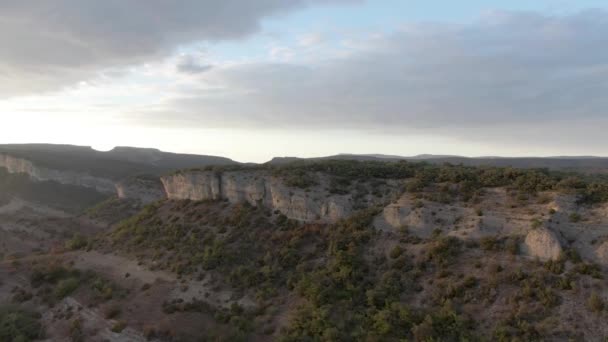 スペインのブルゴスで昼間 曇りの空の下で木々と壮大な岩山の空中ドローンショット — ストック動画