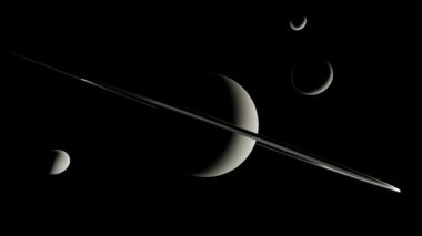 Satürn ve uydusunun dış uzayda 3D animasyonu Mimas ve Titan