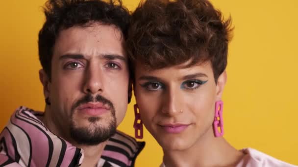 Close Video Relaxed Homosexual Man Trans Man Makeup Looking Camera — Stock Video
