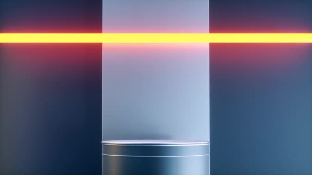 Renderat Grått Cylinderpodium För Produktpresentation Med Gult Och Rosa Neonljus — Stockvideo