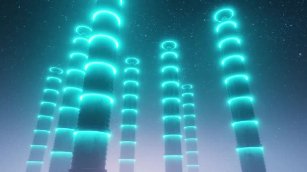 Sci Scene Futuristic Skyscrapers Reflecting Neon Lights Sparkling Starry Night — Stock Video