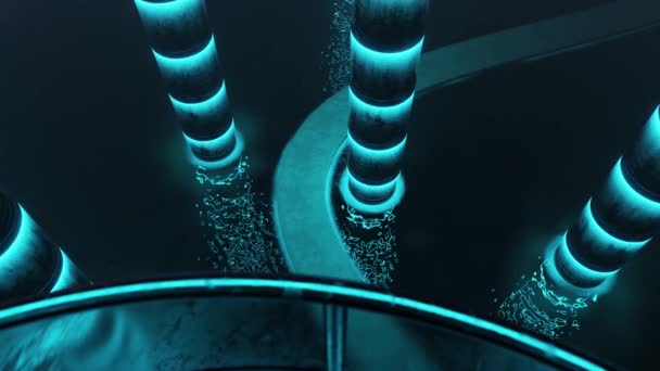 Sci Scéna Futuristických Mrakodrapů Odrážejícími Neonovými Světly Pod Třpytivou Hvězdnou — Stock video