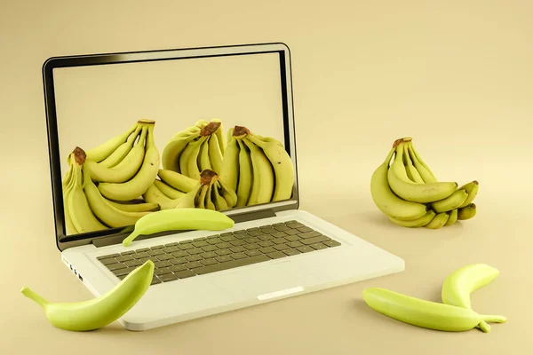 From above 3d rendering of open laptop with bananas placed on beige surface in modern studio