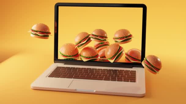 Animație Laptop Burger Gustos Susan Plasat Jurul Ecranului Împotriva Fundalului — Videoclip de stoc