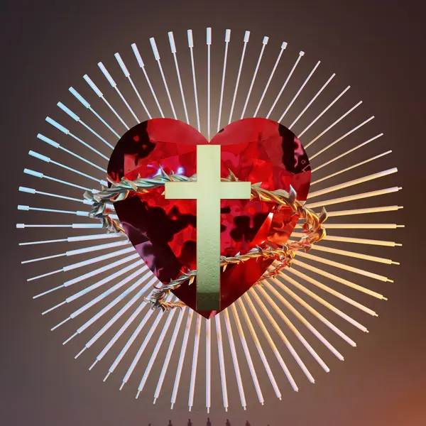 3d rendering of sacred heart of Jesus rounded with thorny chain and holy cross placed on top while silver lines illustrating for rays against brown background