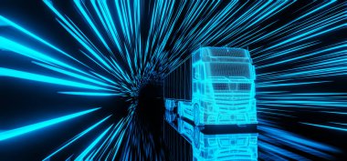 Parlak mavi neon ışıkları ve yolda yansıması olan kamyonla fütüristik sonsuz karanlık tünelin 3D çizimi
