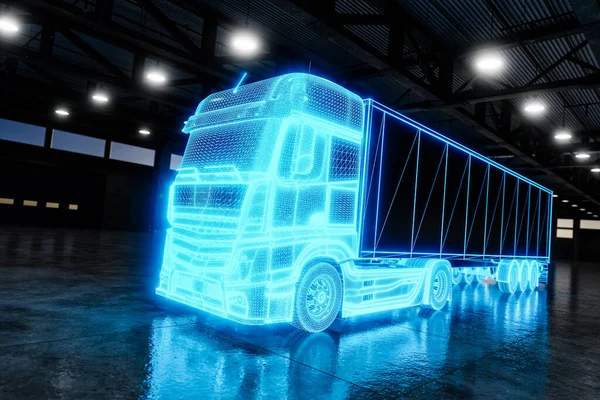 3D illustration of glowing blue sci fi commercial land vehicle parked in illuminated dark garage with reflections on floor