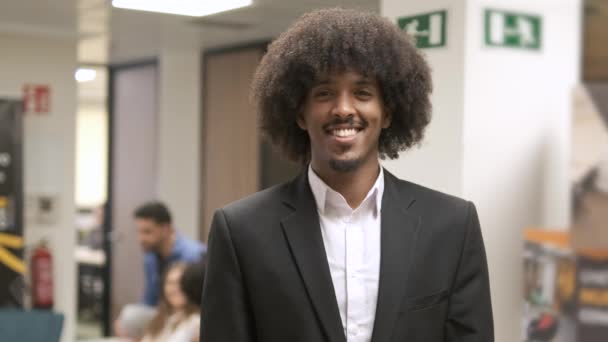 Šťastný Mladý Africký Kreativní Podnikatel Afro Účes Stojící Paže Zkřížené — Stock video