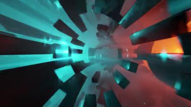 Parlayan neon renkli ışıkları olan 3D animasyon döngüsü karanlık arka plana karşı sonsuz tünelden geçiyor