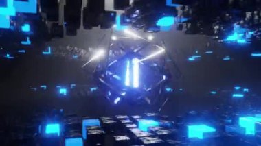 3D animasyon döngüsü çok boyutlu nesne. Parlak harflerle. AI, bilim kurgu binaları içinde koyu arkaplan üzerinde daireler çiziyor.