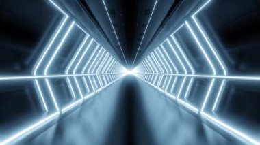 Uzay gemisinde parlayan ışıklar ve bilim kurgu arkaplan içeren fütüristik sonsuz koridor içeren 3B döngü soyut arkaplan