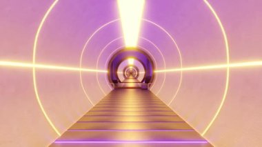 Pembe ve turuncu neon ışıklı, fütüristik tünel tasarımı dahili bilim kurgu uzay gemisi koridorunun 3 boyutlu canlandırması. Video tasarımı döngüsü arkaplanı