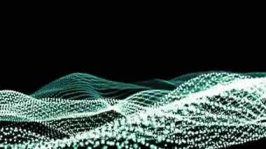 Mavi radyasyonlu beyaz parçacıkların, siyah arkaplanda dalgalanan desenler halinde üç boyutlu görüntülenmesi