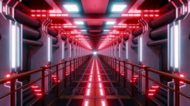 Fabrikada boruları olan kırmızı ve beyaz neon ışıklı 3D fütüristik sonsuz yürüyüş yolu. Bilim- Kurgu döngüsü video tasarımı arka planı.