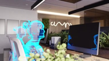 Masadaki sandalyelerde oturan ve cam duvarlı pencerelere karşı birlikte çalışan insan hologramları varken, müstakbel modern ofis. 3d hazırlayıcı