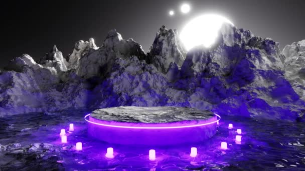 带紫色霓虹灯的硬表面岩石山三维动画在夜空中与月亮的流动 — 图库视频影像
