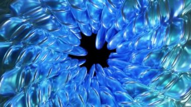 Parlak yanardöner renkli ve soyut çiçekleri yansıtan 3D animasyon. Aydınlık arkaplanda ortaya doğru ilerlerken ve büyürken aynı zamanda soyut çiçekleri yansıtıyor.