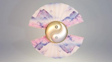 Bahar mevsimi yakınlarındaki sisli dağları olan yelpazeler arasındaki beyaz ve altın yin ve yang sembolü çiçek deseni. 3d canlandırma döngüsü