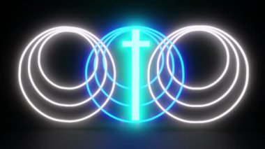 Mavi neon bir haçın 3d animasyon döngüsü mavi ve beyaz neon halkalar tarafından çerçevelenmiş siyah bir zemin üzerinde.