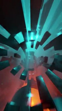 Parlayan neon renkli ışıkları olan 3D animasyon döngüsü karanlık arka plana karşı sonsuz tünelden geçiyor